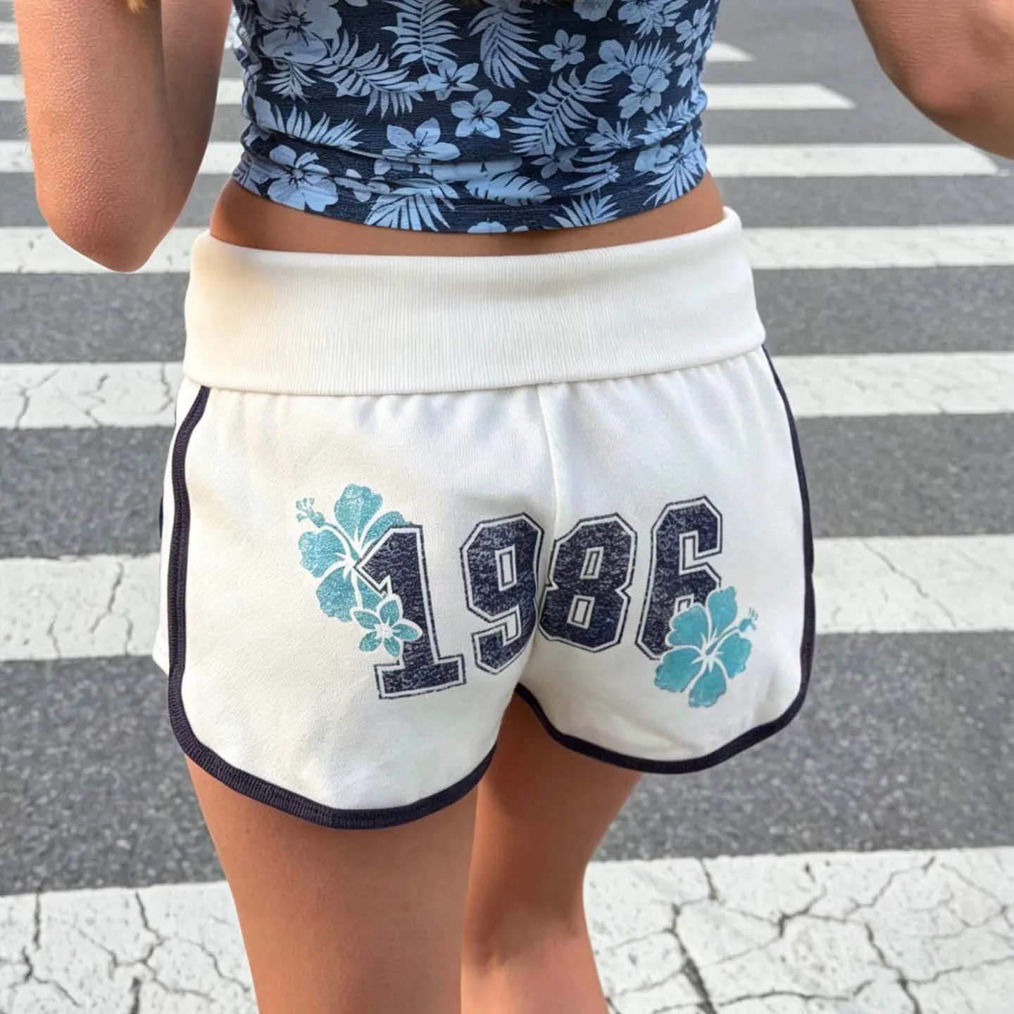 Color Matching Hemming Design Digital Printing Casual Shorts Summer Low-rise Women's Shorts