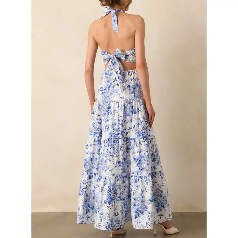 Combhasakiผู้หญิงฤดูร้อนElegantสายรัดผูกโบว์HalterคอBacklessพิมพ์ดอกไม้สูงเอวAwing A-LineชุดยาวStreetwear