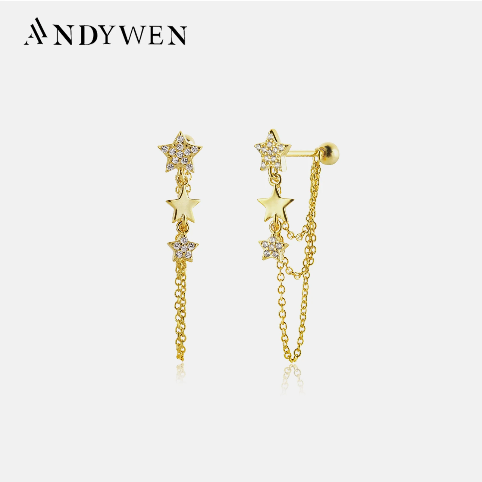 ANDYWEN 925 Sterling Silver Gold Star Charm Chain Beads Ear Pin Drop Earring Women Party Luxury Jewelry Cartilage Stud Earrings