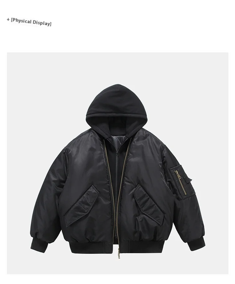 Fake Two Pilot Cotton Jackets Mens Winter New High Street Trend Thickening Hooded Bomber Coats Multiple Pockets Short Parkas