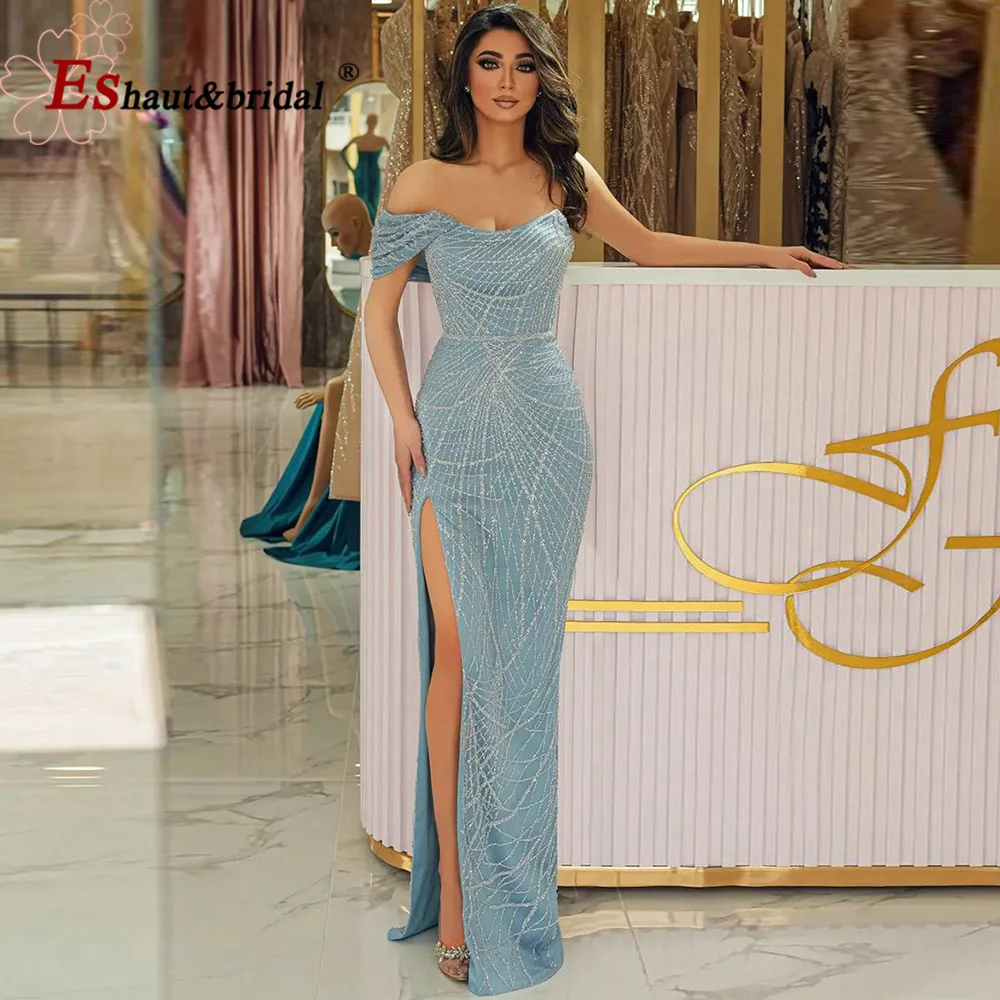 Elegant Mermaid Sequin Beads Evening Night Dress for Women 2024 Off the Shoulder Side Slit Long Formal Prom Wedding Party Gowns