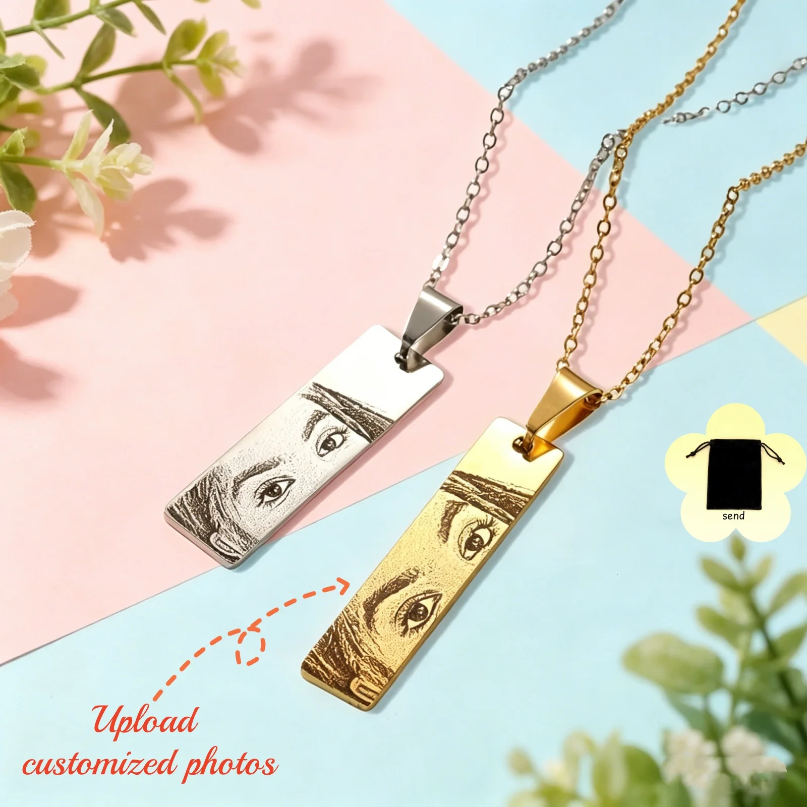 Customized Eye Photo Rectangular Pendant Necklace Stainless Steel Personalized Couple Jewelry DIY Trendy Gift