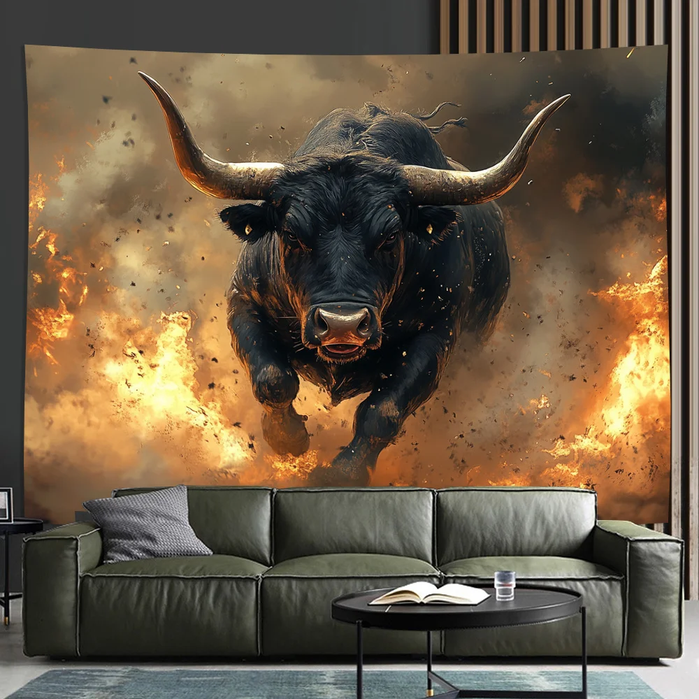 Wild Bull Tapestry Flame Mane Living Room Studio Bar Decoration Modern Light Luxury Style Wall Decorations