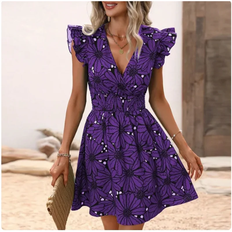Damen Boho Blumenmuster V-Ausschnitt Rüschenärmel Partykleid Geraffte Taille A-Linie Lässiges Sommer Strandkleid