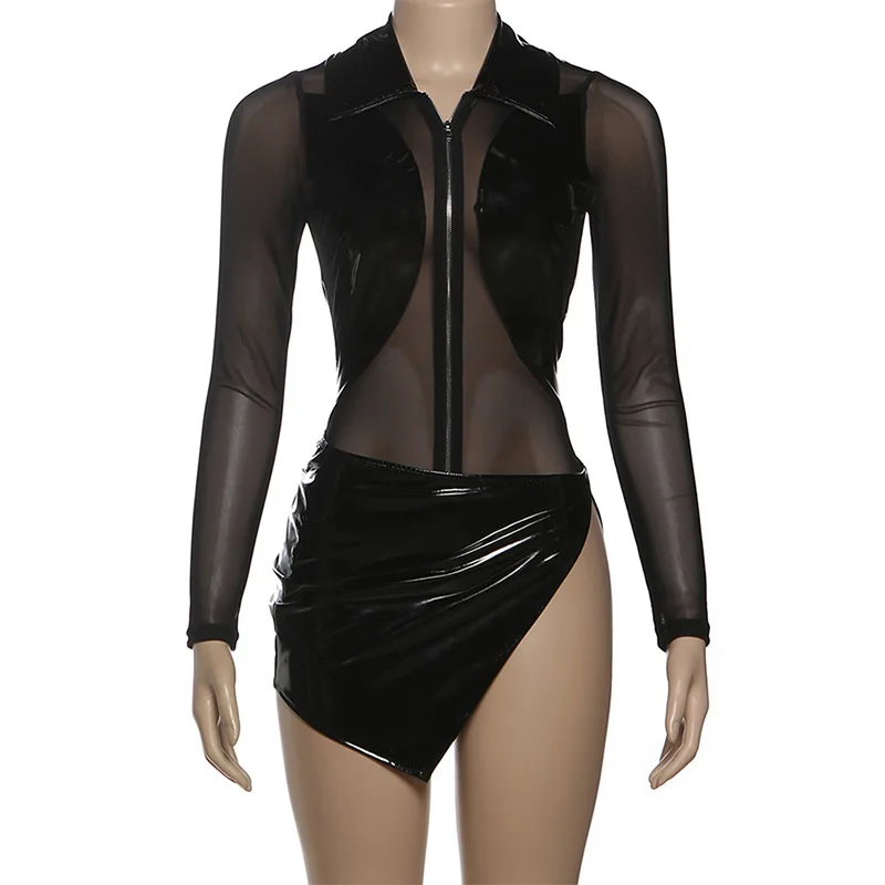 Conjunto gótico de dos piezas de piel sintética para mujer, body Sexy de malla transparente de manga larga fina y minifalda dividida, color negro, 2026