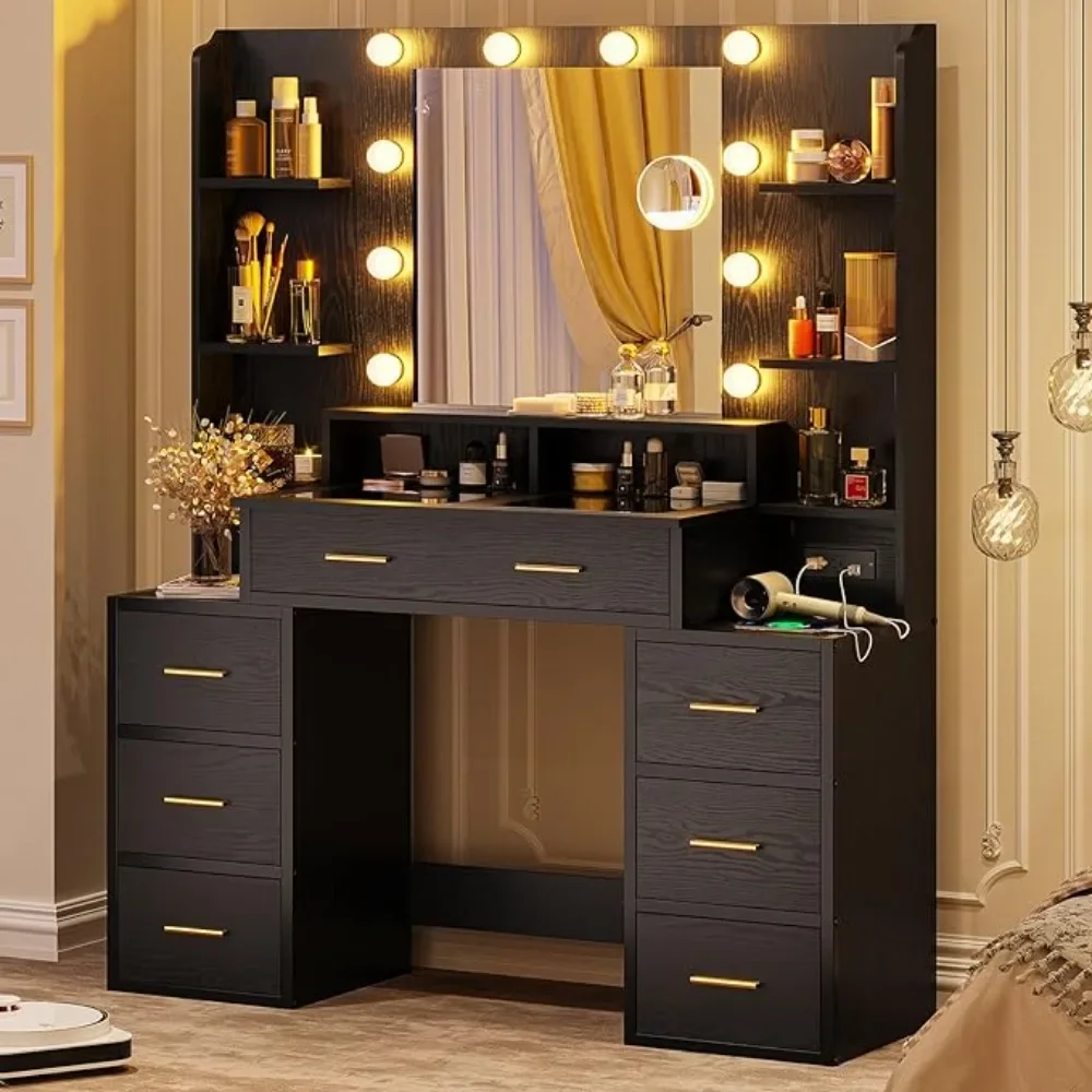 Glass Top Makeup Vanity w/ Mirror and Lights, Vanity Desk w/ Power Strip &10x Magnifying Mirror with Compartment Stoarge Drawers