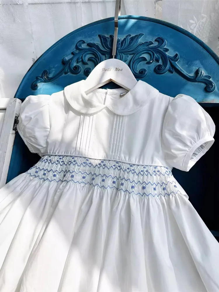 2024 Kids Spanish Dress Girls Handmade Smocking White Dress with Shorts Baby Smocked Clothes Children Birthday Baptism Frocks