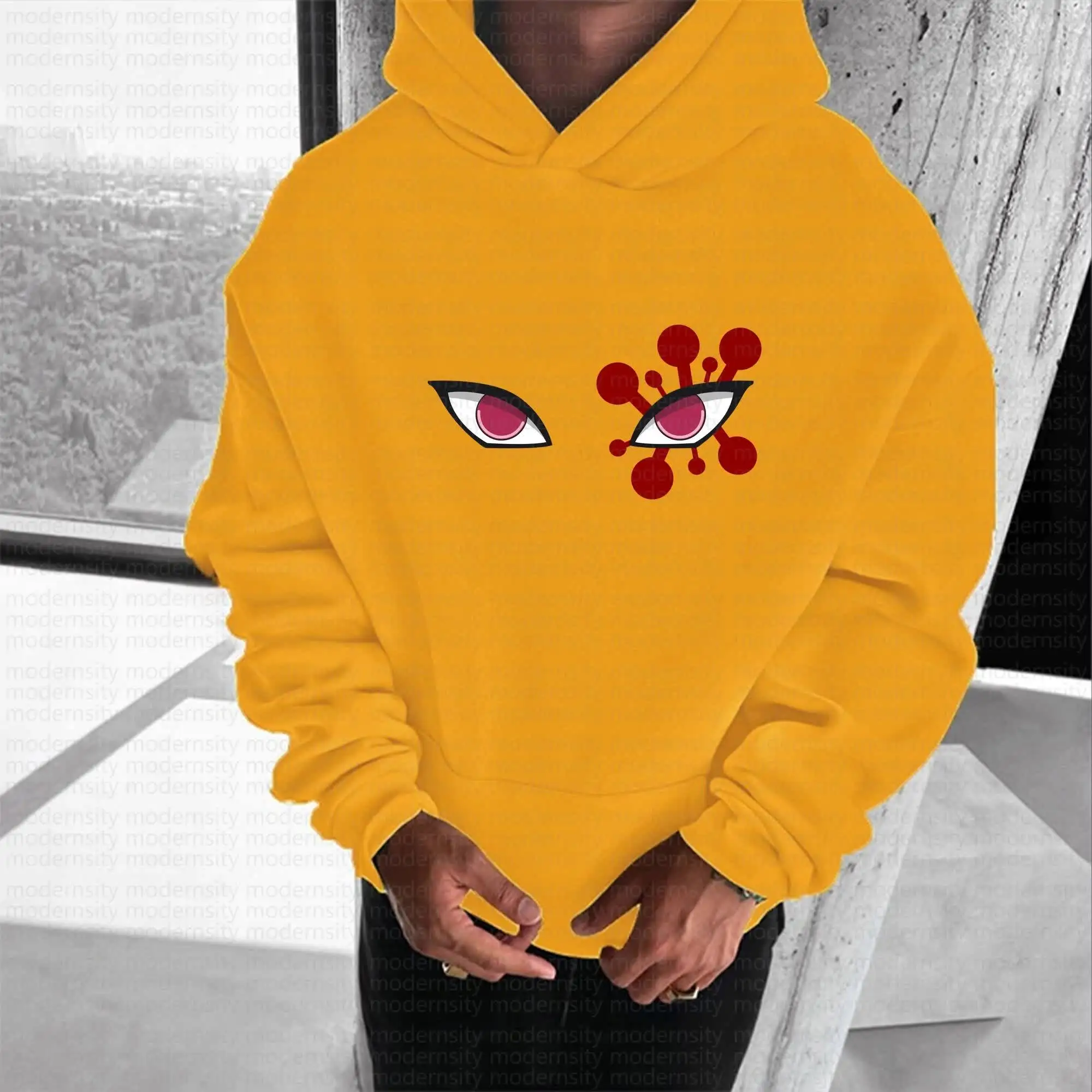 Conjunto de moletom com capuz amarelo Demon Slayer Kimetsu No Yaiba Tanjiro Kamado com estampa de personagem e design de padrão vermelho moletom de algodão