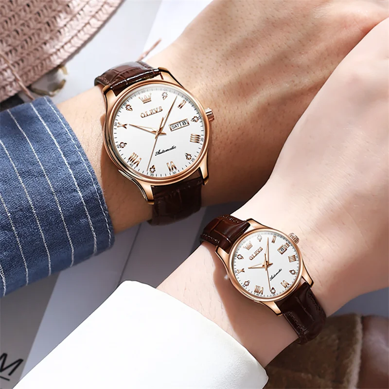 Relojes OLEVS Lover para hombres y mujeres, reloj de pulsera mecánico automático a la moda, resistente al agua, fecha, oro rosa, reloj de pareja, regalo