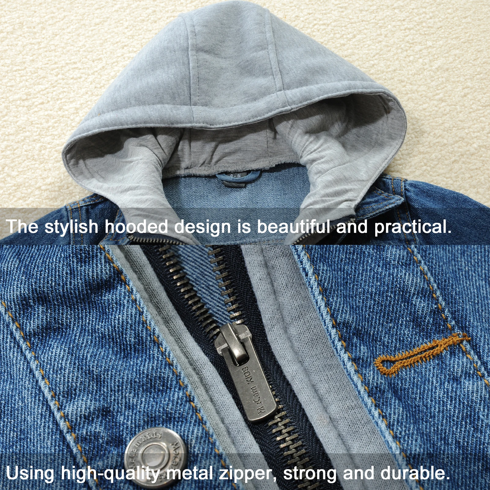 Cotton Boys Cowboy Jacket with Hood Fake 2-Piece Lapel Single Breasted Kids Jean Coat Outerwear Teens Transition Denim Jacket