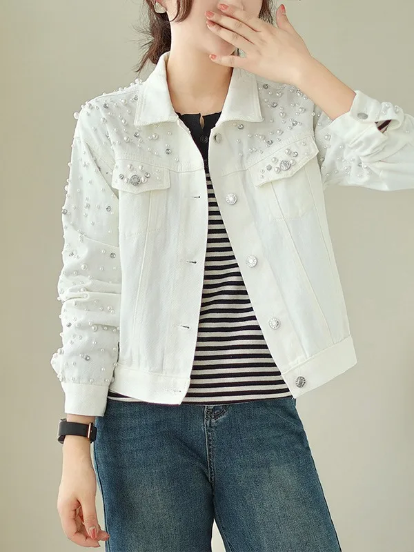 Women Fashion Beaded Ripped Denim Jacket Long Sleeve Pocket Denim Top Jacket