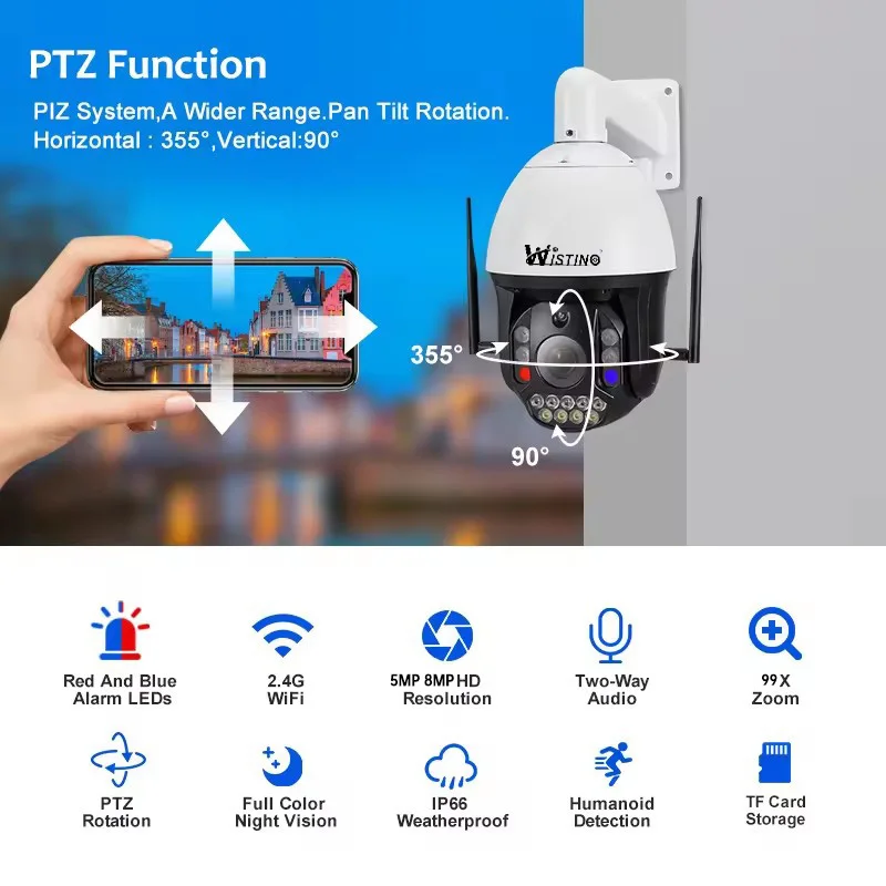 Wistino 4K HD 99X ズームネットワークカメラカラーナイトビジョン赤と青の光アラーム Cctv セキュリティカメラ
