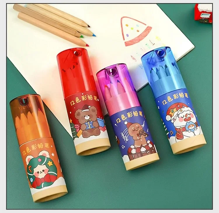 12 Colored Pencils with Built-in Sharpener Children's Stationery Christmas Gift Drawing Color Pencil Xmas Ornaments Kids Present