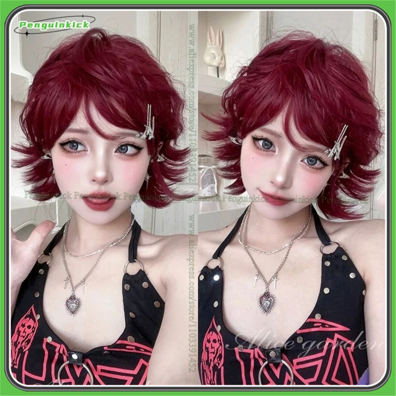 

Women Short Curly Synthetic Wig Cute Doll Hair Adult Lolita Wavy Bangs Dark Red Heat Resistant Chic Girls JK Party Y2K