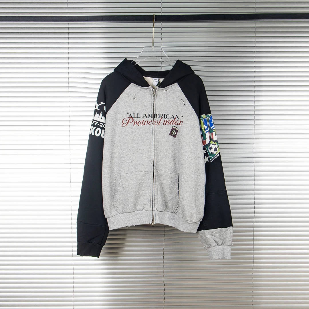 26fw PTL Color Block Zip Hoodie ALL AMERICAN Graphic Print Patches Distressed Destroyed Jacket Oversized Streetwear Sweatshirt