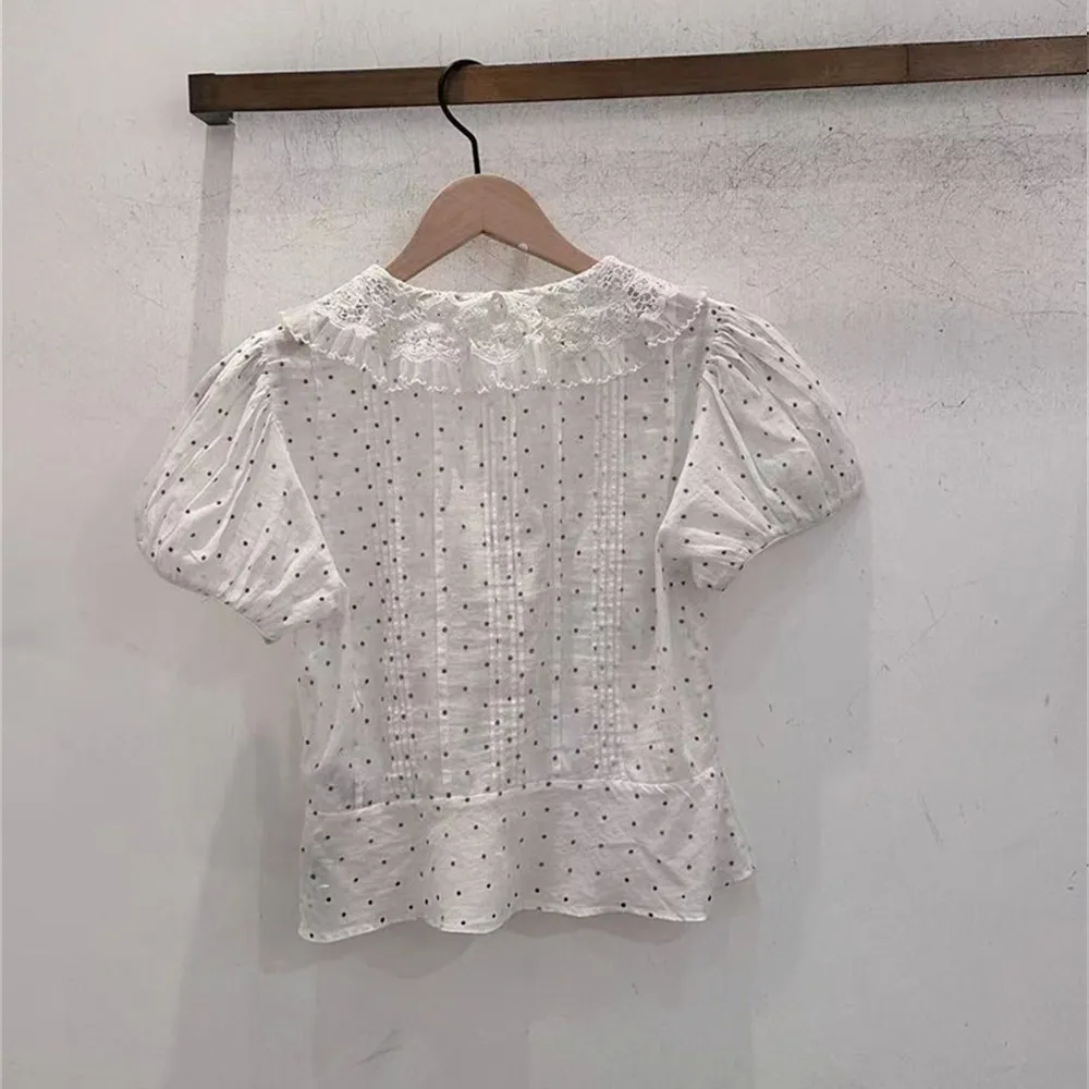 2026 Summer Women Sweet Style Cropped Blouses Lace Peter Pan Collar Puff Sleeve Polka Dot Printed Shirts Casual Versatile Daily
