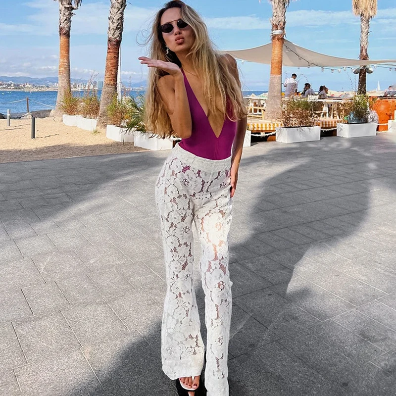 Tornova Lace Jacquard Flared Trousers Women Flower Hollow Sexy Fashion Pants 2025 Autumn New High Waist Office Lady Trousers