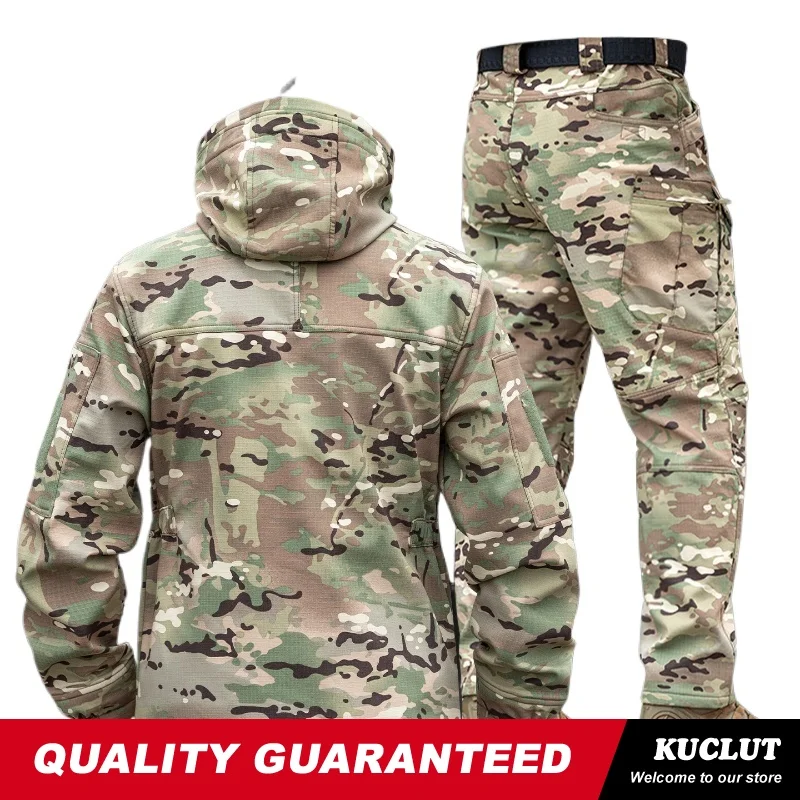 Tactical Cotton Tactical Training Clothing Winter Fleece-lined Warm Durable Hoodie Combat Camouflage Clothing+work Pants Set