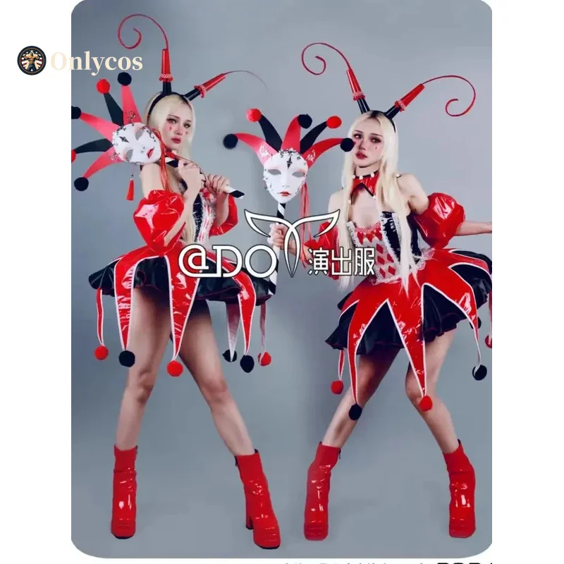 Red Patent Leather Sexy Short Skirt Clown Mask Bar Nightclub 2025 Singer Leading Dance Stage Costume Party Theme Show Clothing