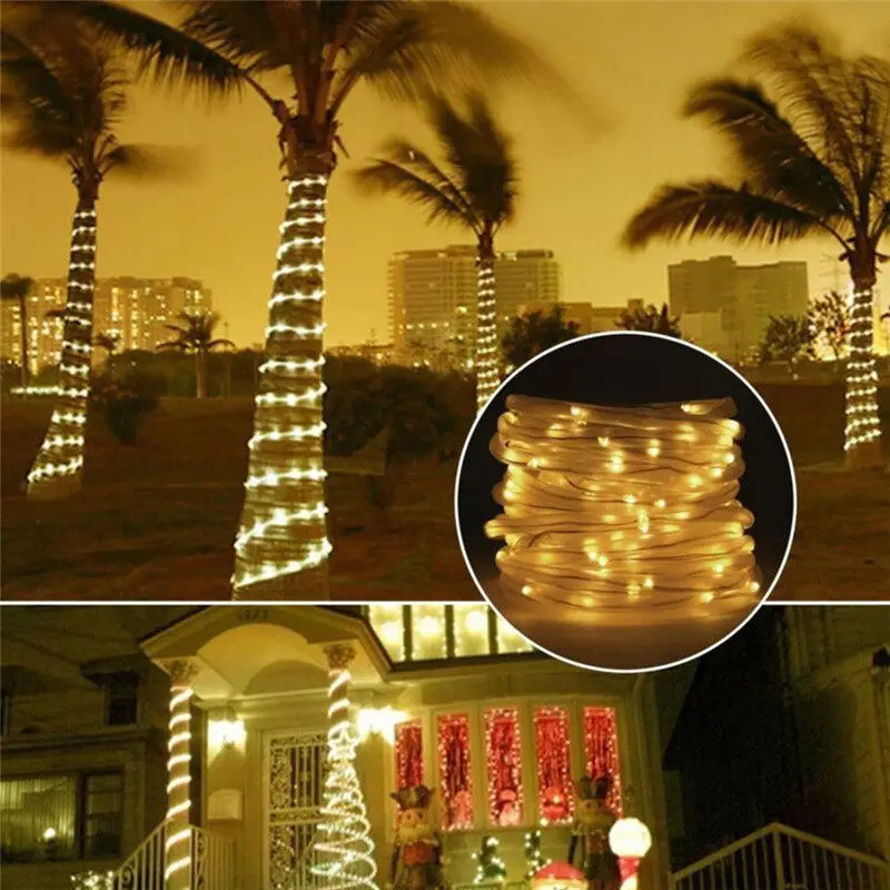 5M 10M 20M Outdoor Solar Rope Strip Lights 8 Modes LED Copper Wire Fairy Light Waterproof Tube Lamp for House Tree garden