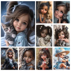 Diy 5D Diamond Painting Cute Girl Coffee Cat  Full Rhinestone Art Pet Animals Dog Mosaic Embroidery Kits Wall Decor