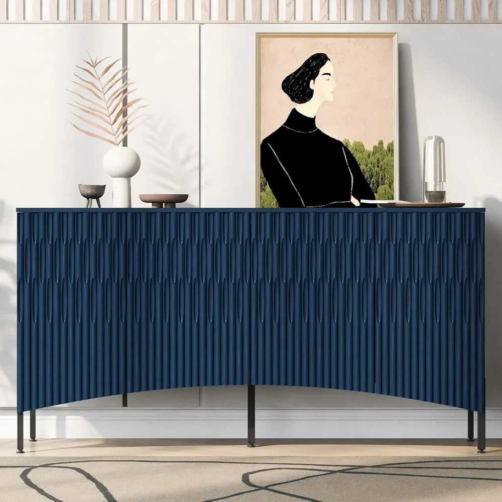 

Modern Sideboard Buffet Cabinet, 60" Navy Blue Credenzas Entryway Table with Storage for Living Room Kitchen Home Bar, Curved De