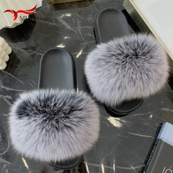 Fox Fur Slippers Luxury Designer House Shoes Fluffy Cute Home Plush Ladies Flip Flops Summer Outdoor Casual Fashion Flat Sandals