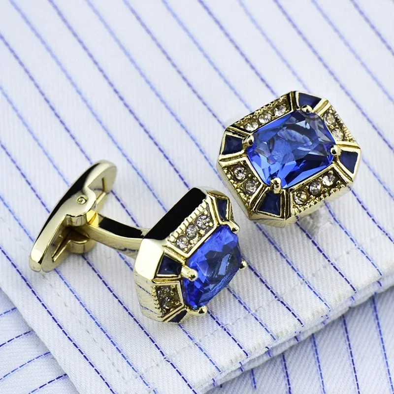 French Cufflinks Men\'s Unisex Gifts Daily Banquet Wedding Suit Shirt Buttons Classic Trendy Blue Crystal Business Cuff Links