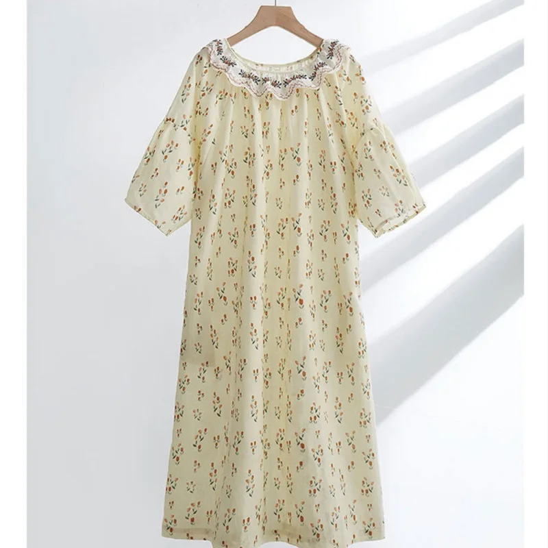 Sweet Floral 100%Cotton Nightgowns For Women Three Quarter Sleeve Sleepwear Princess Elegant Summer  Spring Loose  Pregant Dress - Image 4