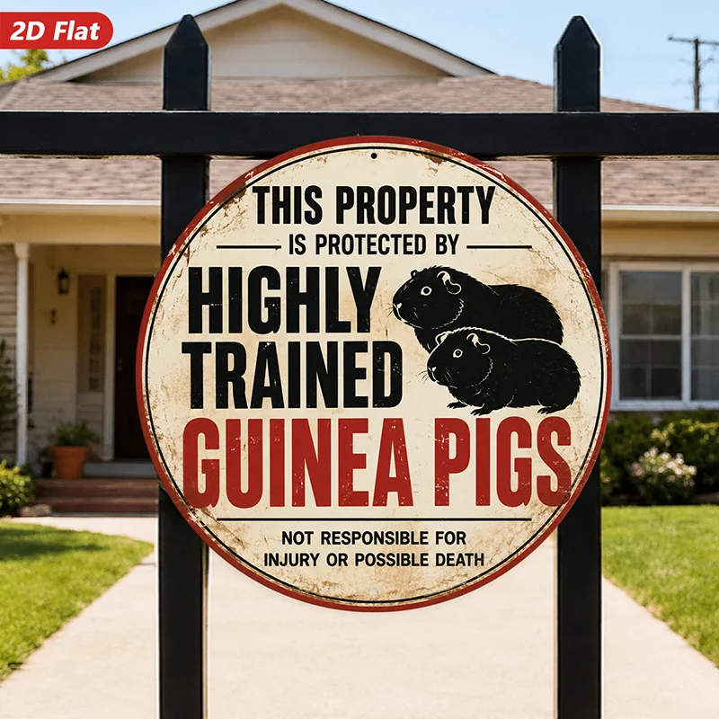 2D Flat, 1pc Highly Trained Guinea Pigs Round Metal Sign Wall Art, Home Decor, Protected Property Slogan, Bold Red And Black Let