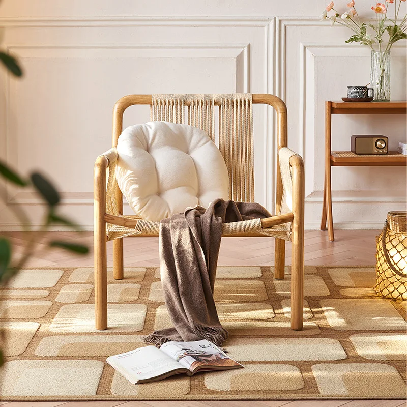 Rope woven solid wood sofa chair wabi wind living room Japanese hand-woven ash wood armrest hemp rope backrest leisure chair