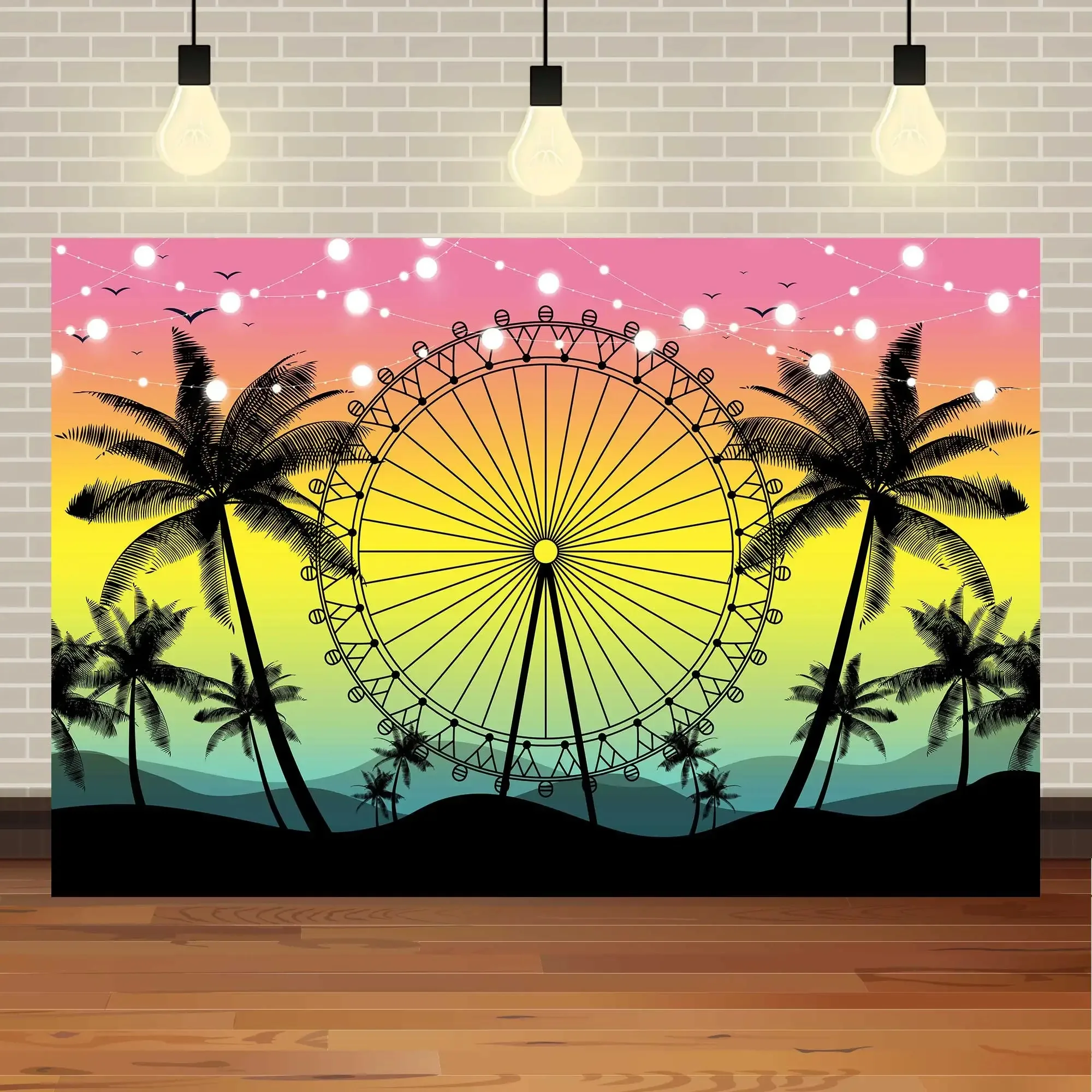 Seaside Sunset Ferris Wheel Birthday Photography Backdrops Musical Festival Wedding Coconut Tropical Holiday Background MT-01