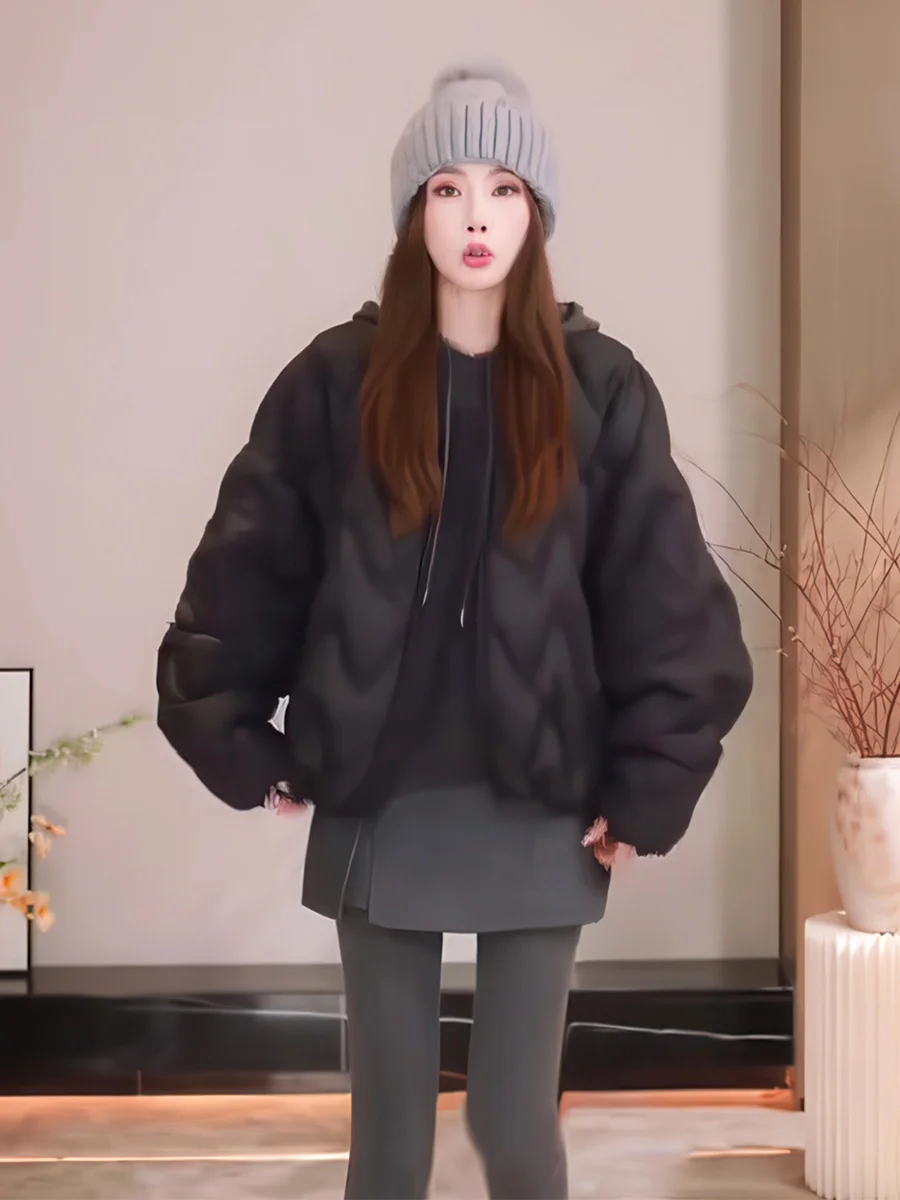 

Women's round Ne ort Thiened Du down Jaet Bla 90% White Du Feather Winter Coat Warm Casual Sle Loose Fit