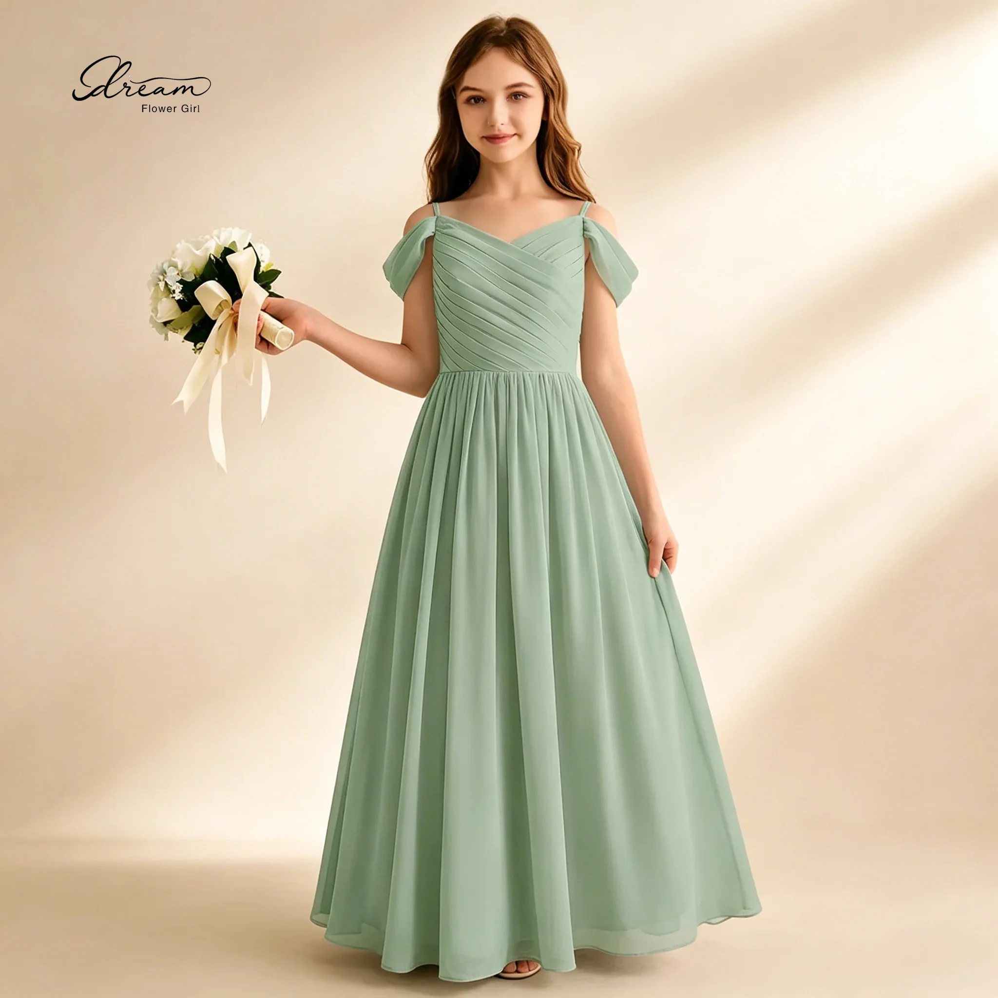 Elegant Green V-Neck Off-Shoulder Chiffon Floor-Length Children's Party Dress featuring a pleated cinched-waist design