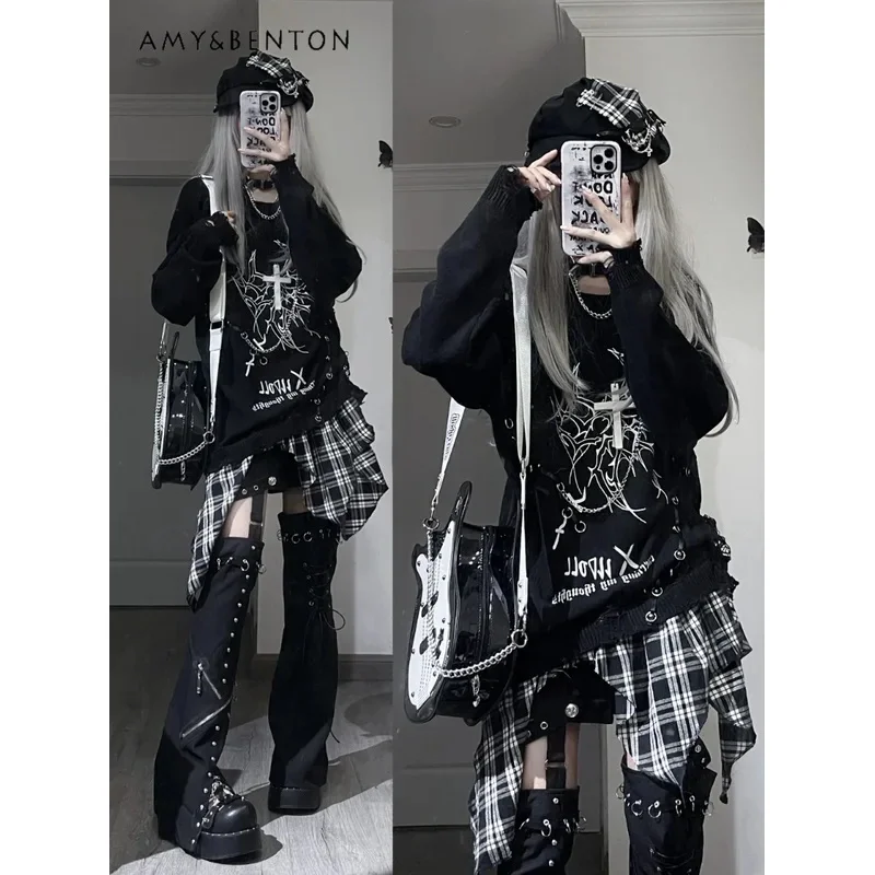 

25COSOriginal Hollow Out Irregular Street Subculture Punk Plaid Sweater Women High Street Gothic Buckle Chain Oversized Sweater