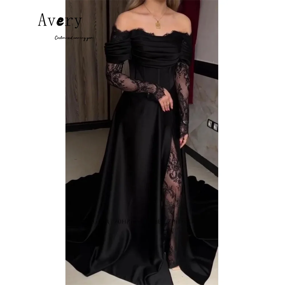 Avery Custom Schwarze Spitze Stickerei Schulterfrei Luxus Elegante Partykleider für Hochzeit Frau Damen Abendkleid Abschlussball