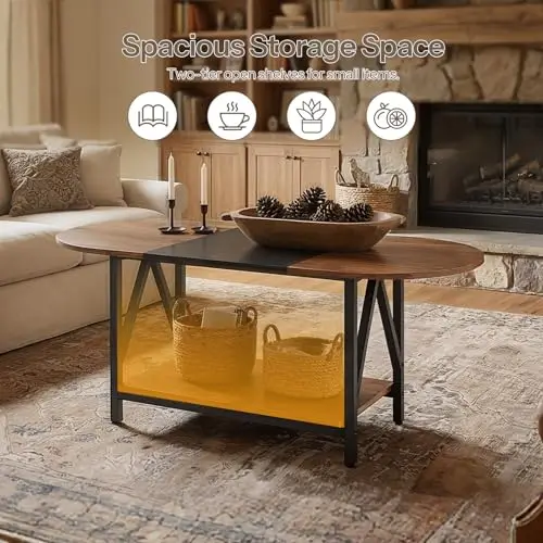 Industrial Two-Tier Oval Coffee Table With Open Storage Shelves, Rustic Brown And Black Finish, Compact For Living Room Office