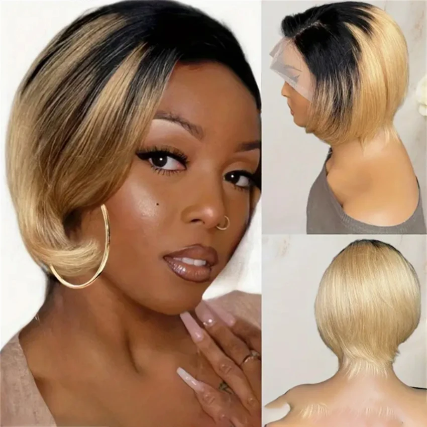 13x4 Lace Front 1B27 Color Short Bob Brazilian Human Hair Wig for Women, Pre Plucked Natural Hairline, Versatile Wig for Daily Wear