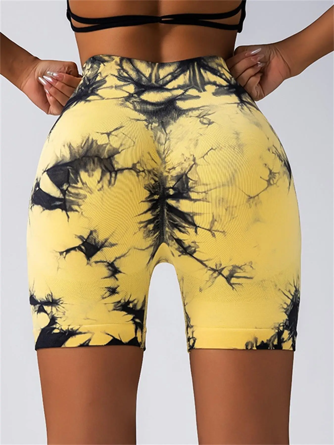 Women\'s Tie Dye Print Ruched High Waist Sports Shorts, Casual Comfy Breathable Seamless Skinny Shorts for Yoga Gym Workout