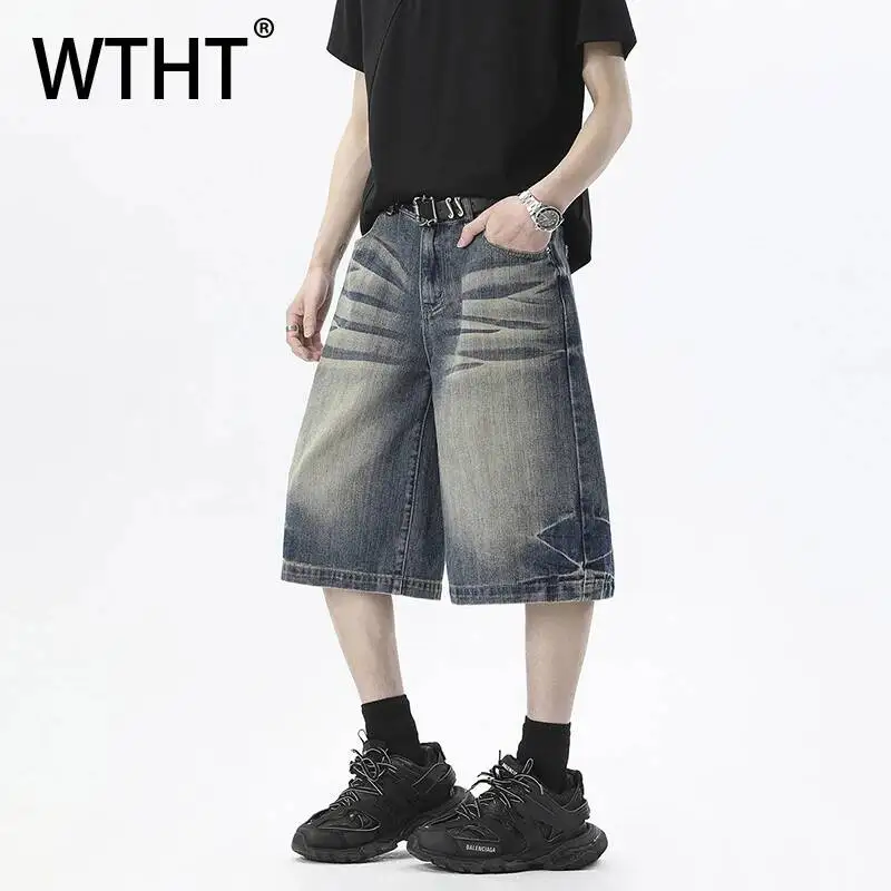 WTHT Vintage Mens Do Old Wash Pleated Loose Denim Shorts Fashion 2026 Summer High-waisted Wide Leg Short Pants Male 2A3103