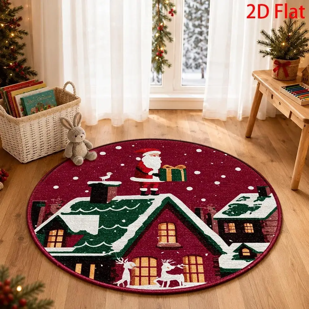 1pc Santa‑on‑Roof Printed Large Round Area Rug, 2D Flat‑Print Winter Holiday Floor Mat, Easy‑to‑Clean Decor for Living Room