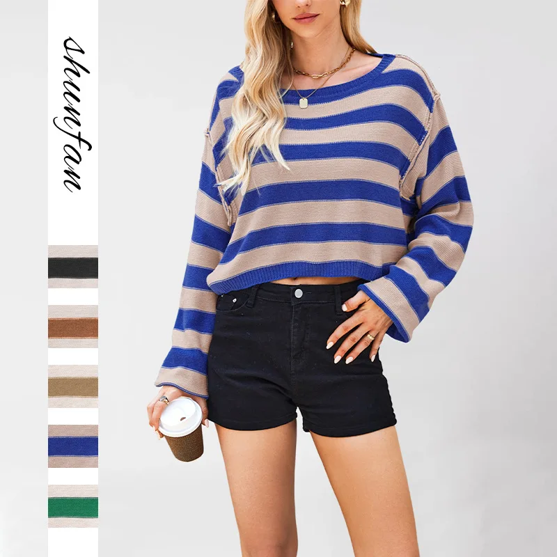 

2025 Autumn/Winter European And American Women's Pullover Sweater, Striped, Loose, Short Knitted Top, New Style Свитер Винтажный