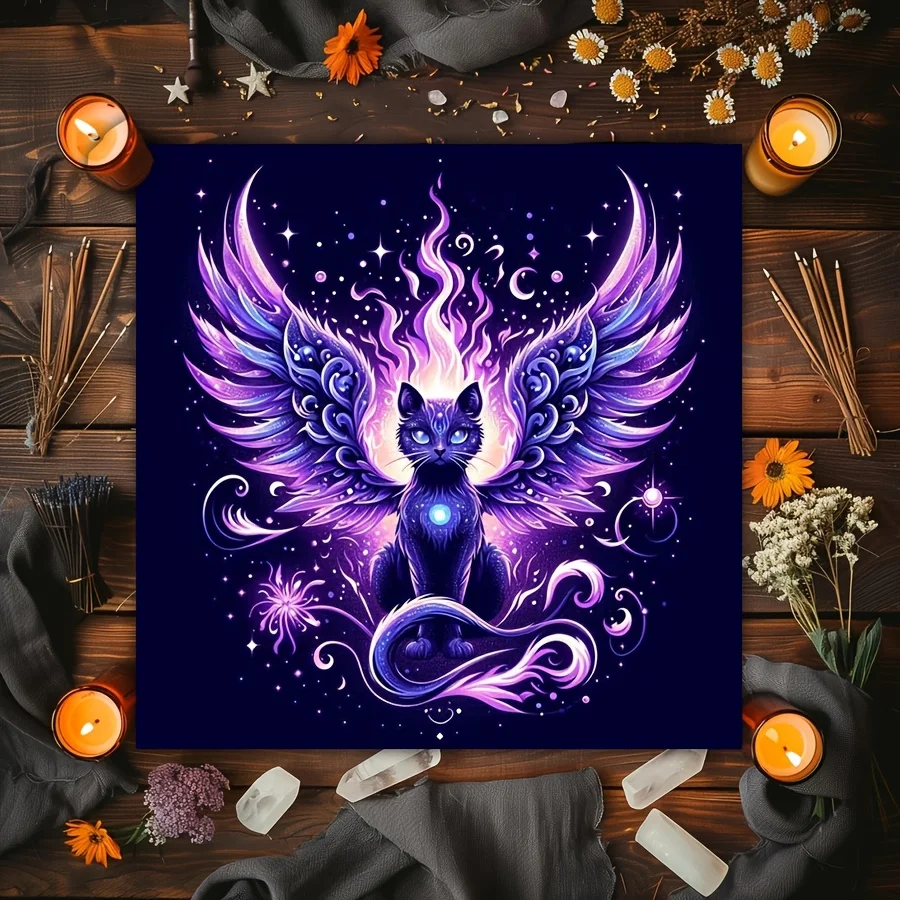 50/75/110/137cm Purple Winged Cat Magic Tablecloth Mat Stars Waterproof Tarot Cards Spiritual Ritual Bohemian Home Divinity