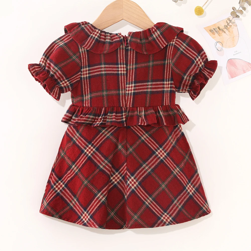 Toddler Baby Girl Plaid Ruffle Trim Short Sleeves Dress Little Kids Christmas Style Red Outfits