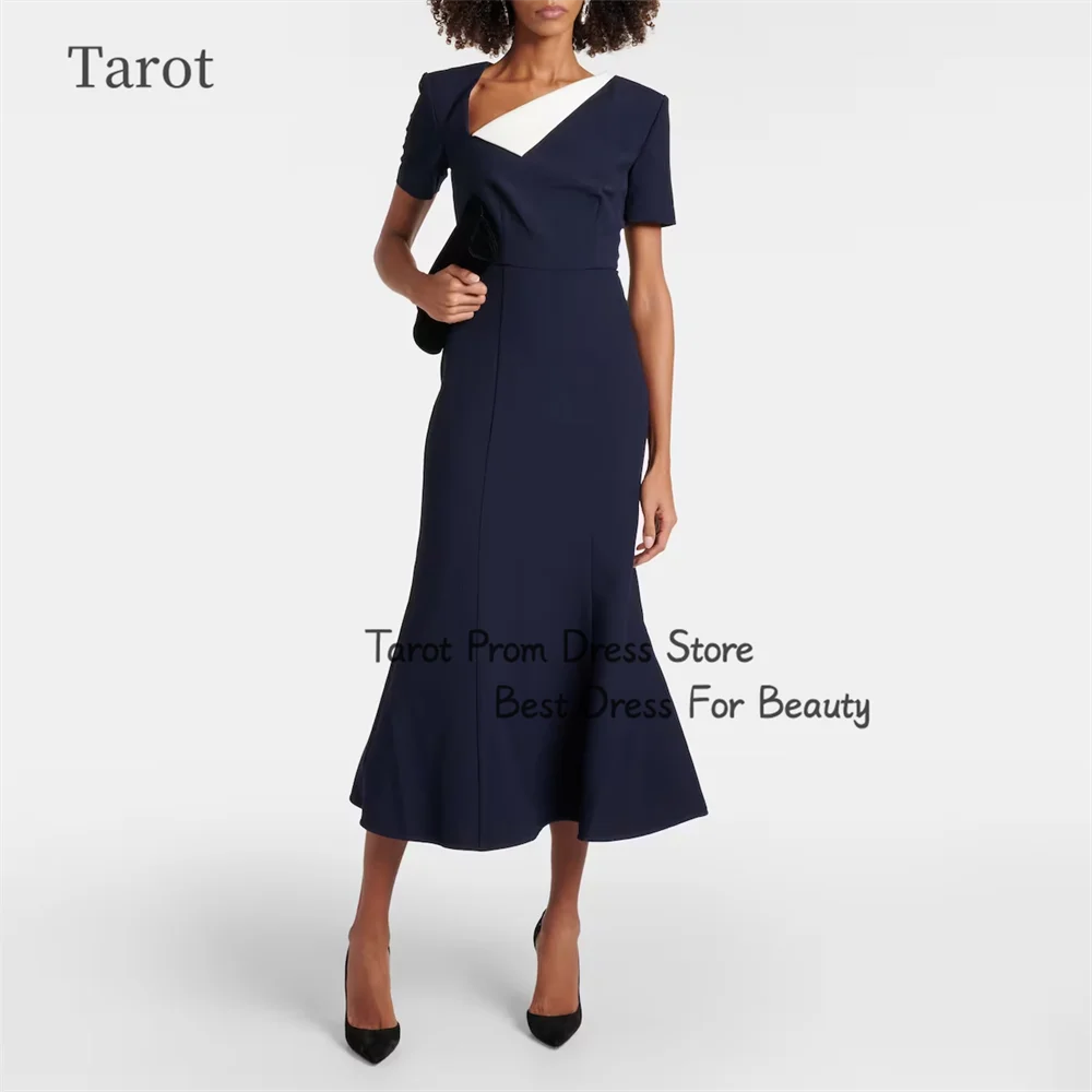 

Tarot Special Mermaid Evening Dresses V Collar Short Sleeves Ruffles Tea Length Women Prom Dress Saudi Arabia robes de soirée