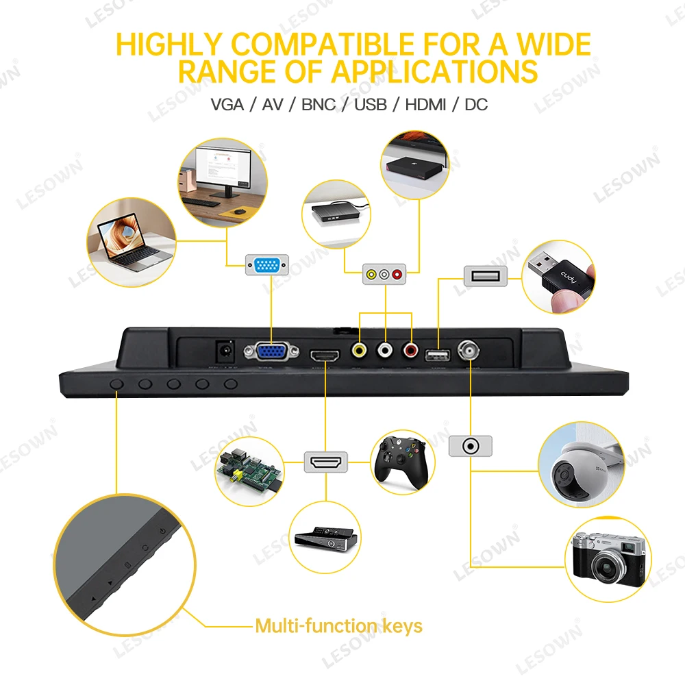 LESOWN 12 inch VGA HDMI Security Monitor 1280x800 HD IPS Screen AV BNC USB Interface Display for CCTV Home Office Surveillance