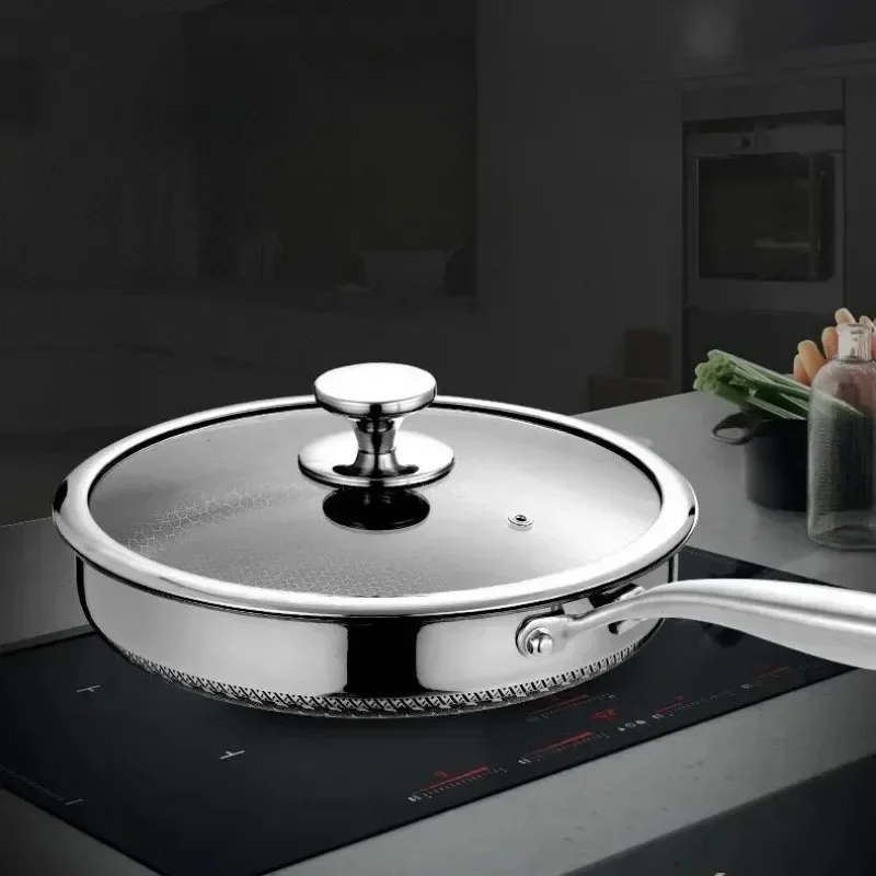 Schnesland 316 Stainless Steel Pan with Lid Frying Pans Non-stick Uncoated Wok Pan Double-sided Honeycomb Skillet Cookware