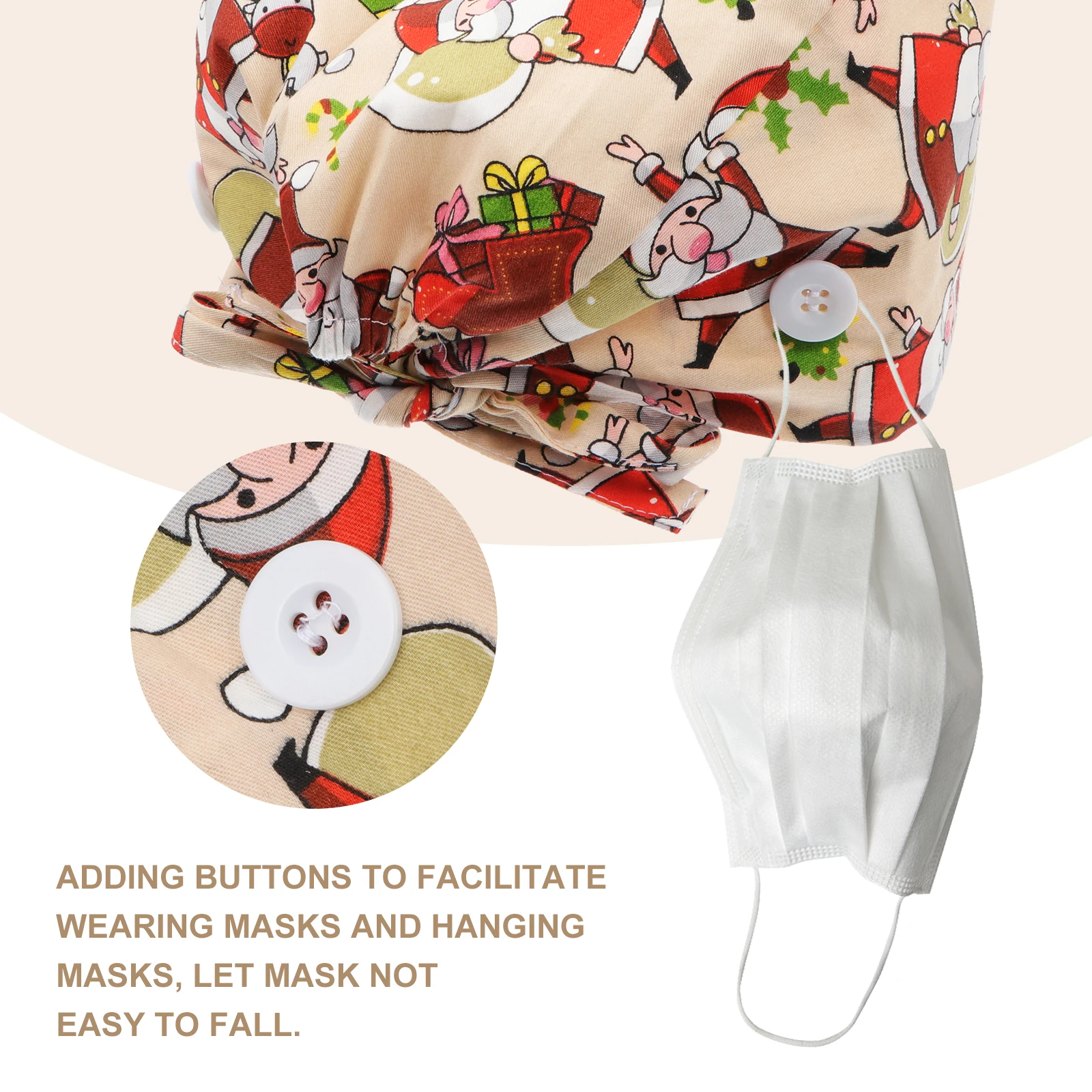 

Christmas Print Cotton Hat Beautician Nurse Cap Working Headcloth Dustproof Mask Button Kitchen Oil Resistant Cap