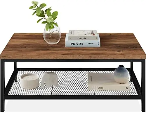 

44in Modern Coffee Table, Large 2-Tier Industrial Rectangular Wood Grain Top Coffee Table, Accent for Living Room w/Mesh , Meta