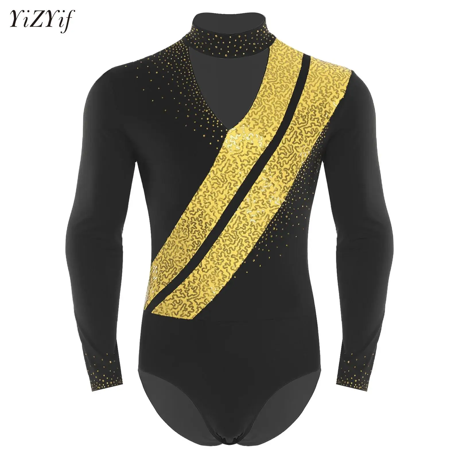 

Mens Artistic Gymnastics Jumpsuit Adults Ballet Jersey Figure Skating Performance Costume Shiny Sequins Long Sleeve Bodysuit